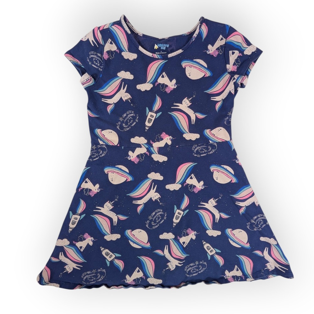 Lightning Bug Girls Navy Blue Unicorn Space Rainbow Short Sleeve Dress Size 7
